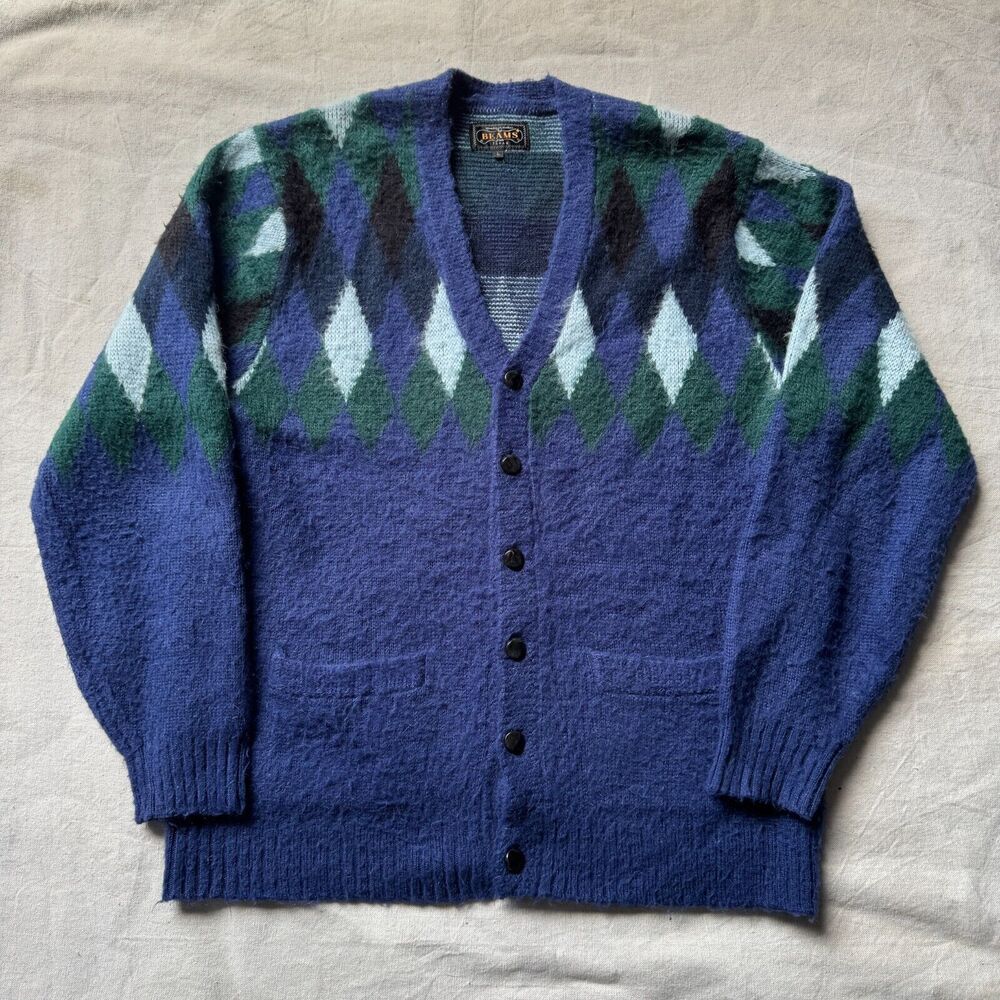 Beams Plus Japan Mohair Diamond Pattern Purple Cardigan Sweater Large